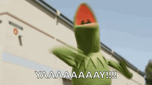 kermit the frog is standing in front of a building with his mouth open and says yaaa aa ay !!!
