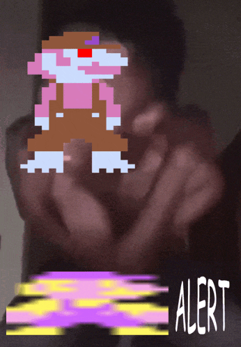 a pixel art drawing of a person with the word alert below it