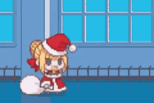 a pixel art drawing of a girl in a santa hat .