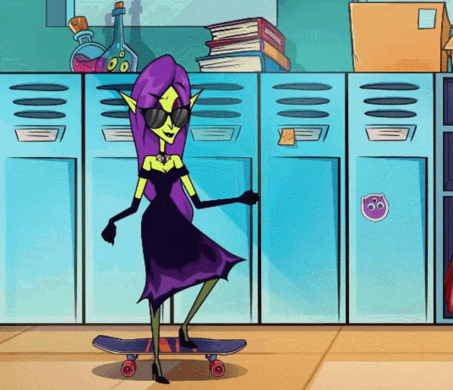 a cartoon character with purple hair is riding a skateboard in front of lockers