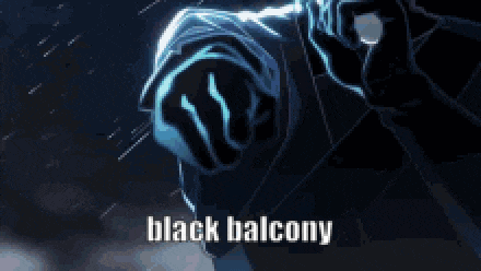 a close up of a person 's face with the words `` black balcony '' written on the bottom .