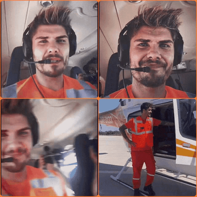 a man wearing headphones stands in front of a plane