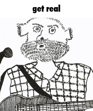a black and white drawing of a man playing a guitar with the words " get real " above him
