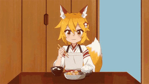 a fox girl is sitting at a table eating a bowl of food with chopsticks .