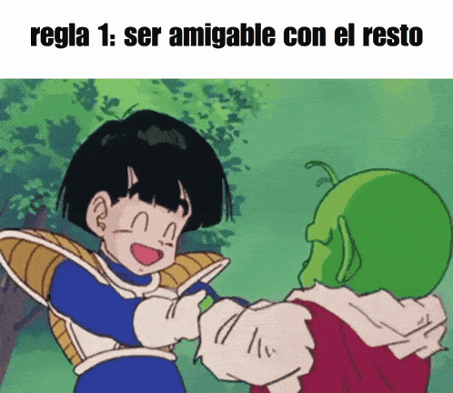 a cartoon character with the words regla 1 : ser amigable con el resto below it