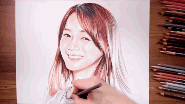 a person is drawing a woman with colored pencils on a piece of paper