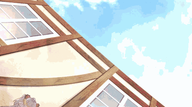 a girl with long white hair stands in front of a building with a blue sky in the background