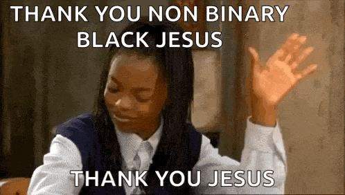 a woman is sitting at a table with her hands in the air and a meme .