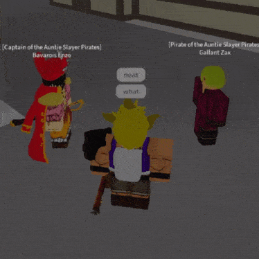 captain of the auntie slayer pirates bavarois enzo and pirate of the auntie slayer gallant zax talking