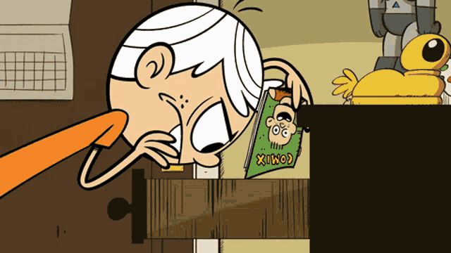 a cartoon character is reading a comic book