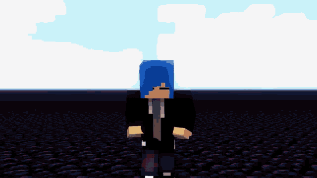 a minecraft character with blue hair is standing in a dark area