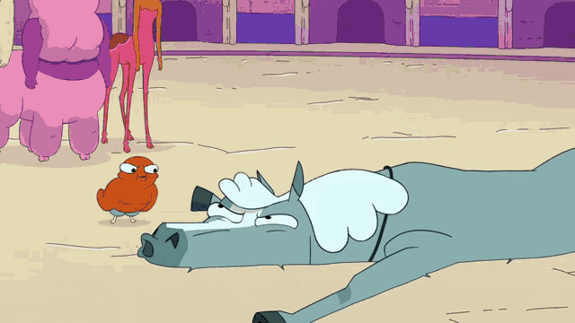 a cartoon horse is laying on the ground with a bird standing next to it