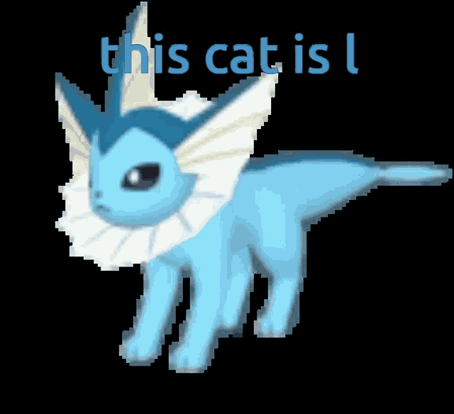 a pixel art of a blue cat with the words " this cat is l " below it