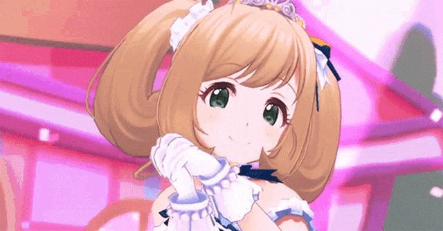 a girl with blonde hair and green eyes is wearing white gloves