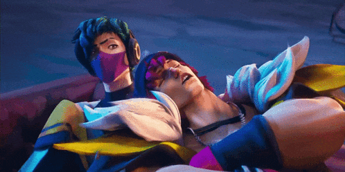 a couple of cartoon characters laying on top of each other with one wearing a mask