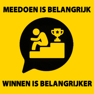 a speech bubble with a man sitting on steps with a trophy and the words meedoen is belangrijk