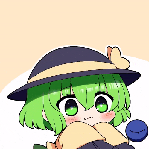 a drawing of a girl with green hair and a black hat