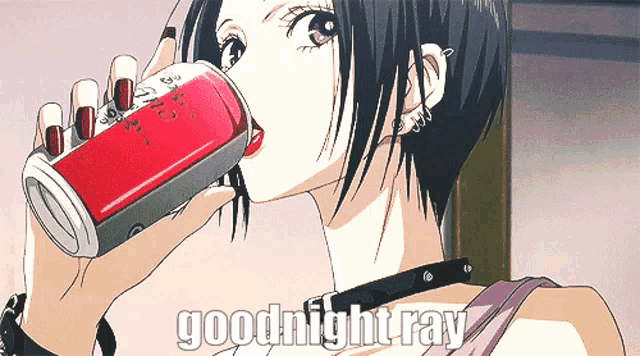 a girl drinking from a red can with the words goodnight ray written on the bottom