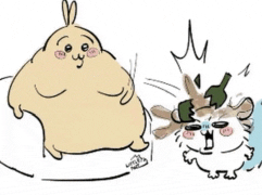 a cartoon of a rabbit and a cat with a bottle on their head