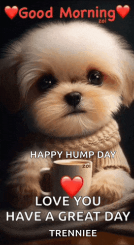 a picture of a puppy holding a cup of coffee says good morning