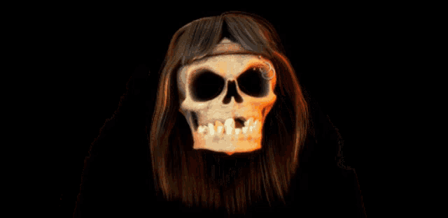 a cartoon skeleton with long hair is making a rock and roll hand gesture