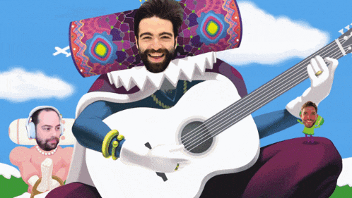 a man wearing a sombrero is holding a guitar and smiling