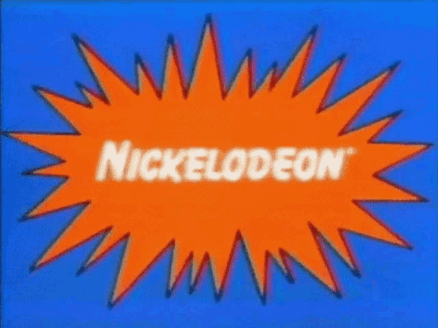 a cartoon nickelodeon logo with a blue background and an orange explosion .