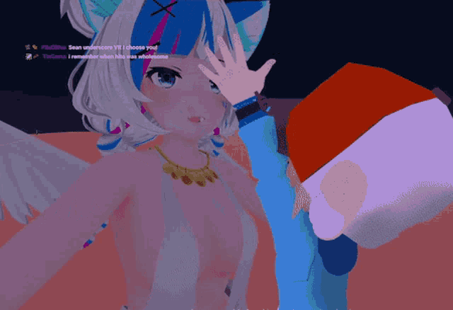 a screenshot of a video game shows a girl with a cat ear and blue hair
