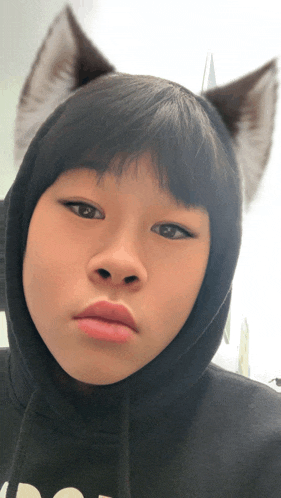 a boy wearing a black hoodie with ears on his head