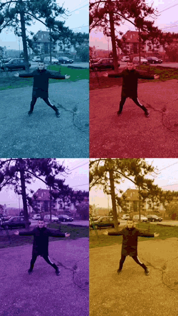 four different colored images of a person standing in front of trees