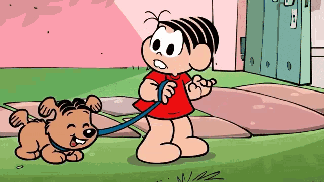 a cartoon of a girl walking a brown dog on a leash
