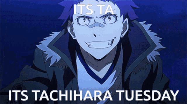 a cartoon character with the words its ta its tachihara tuesday behind him