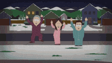 three cartoon characters are standing on a sidewalk with their arms up in the air