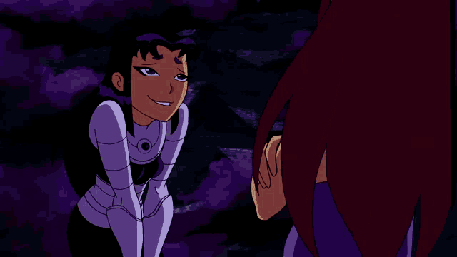 two cartoon characters are standing next to each other and one is wearing purple