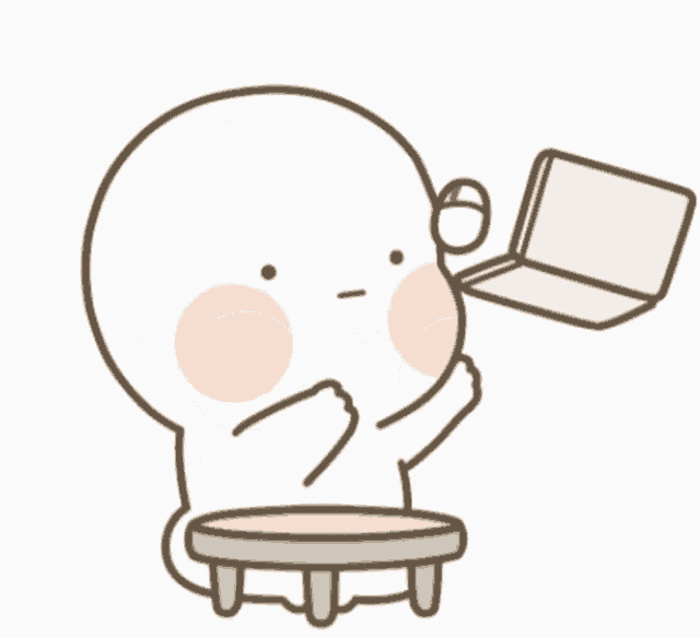 a cartoon character is sitting on a stool holding a laptop over his head