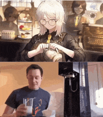 a man is holding a glass of milk in front of a picture of a girl pouring coffee