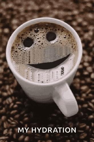 a cup of coffee with a smiley face on it and the words " my hydration " below it