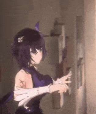 a girl in a purple dress is standing in a room with her hands outstretched .