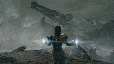 a man in a white suit is standing in front of a mountain with a lightning bolt coming out of it .