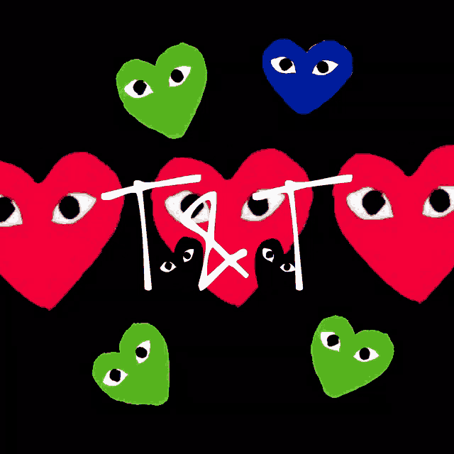 a drawing of hearts with eyes and the letters t and t