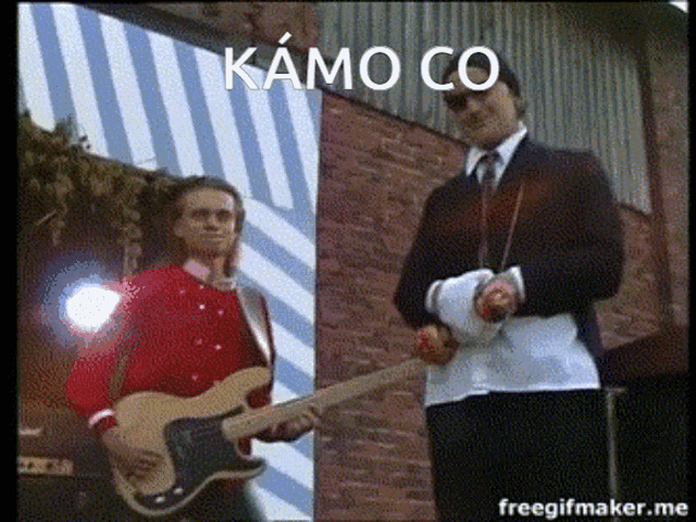 a man playing a guitar next to another man who is holding an apple with the words kamo co written above them