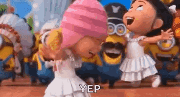 a girl in a pink hat is dancing with a group of minions in a cartoon .