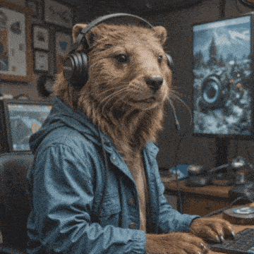 a bear wearing headphones and a blue jacket
