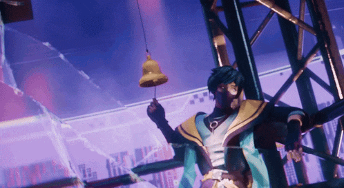 a man is holding a bell in front of a screen that says ' i love you '