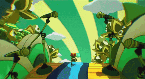 a cartoon character is standing in front of a bunch of microphones with the letter c on them