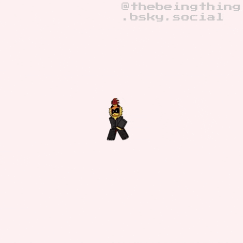 a cartoon of a chicken wearing a mask and sticking out its tongue with the words @thebeingthing sky.social below it