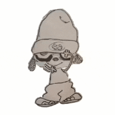 a black and white drawing of a cartoon character wearing a hat and sunglasses