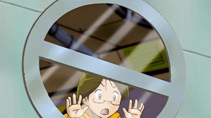 a cartoon character is looking through a round window with a no entry sign