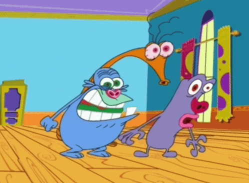 two cartoon characters are standing next to each other on a wood floor