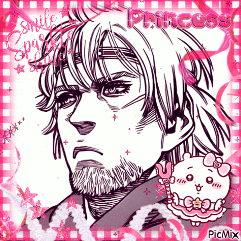a black and white drawing of a man with a beard and the word princess on the bottom right